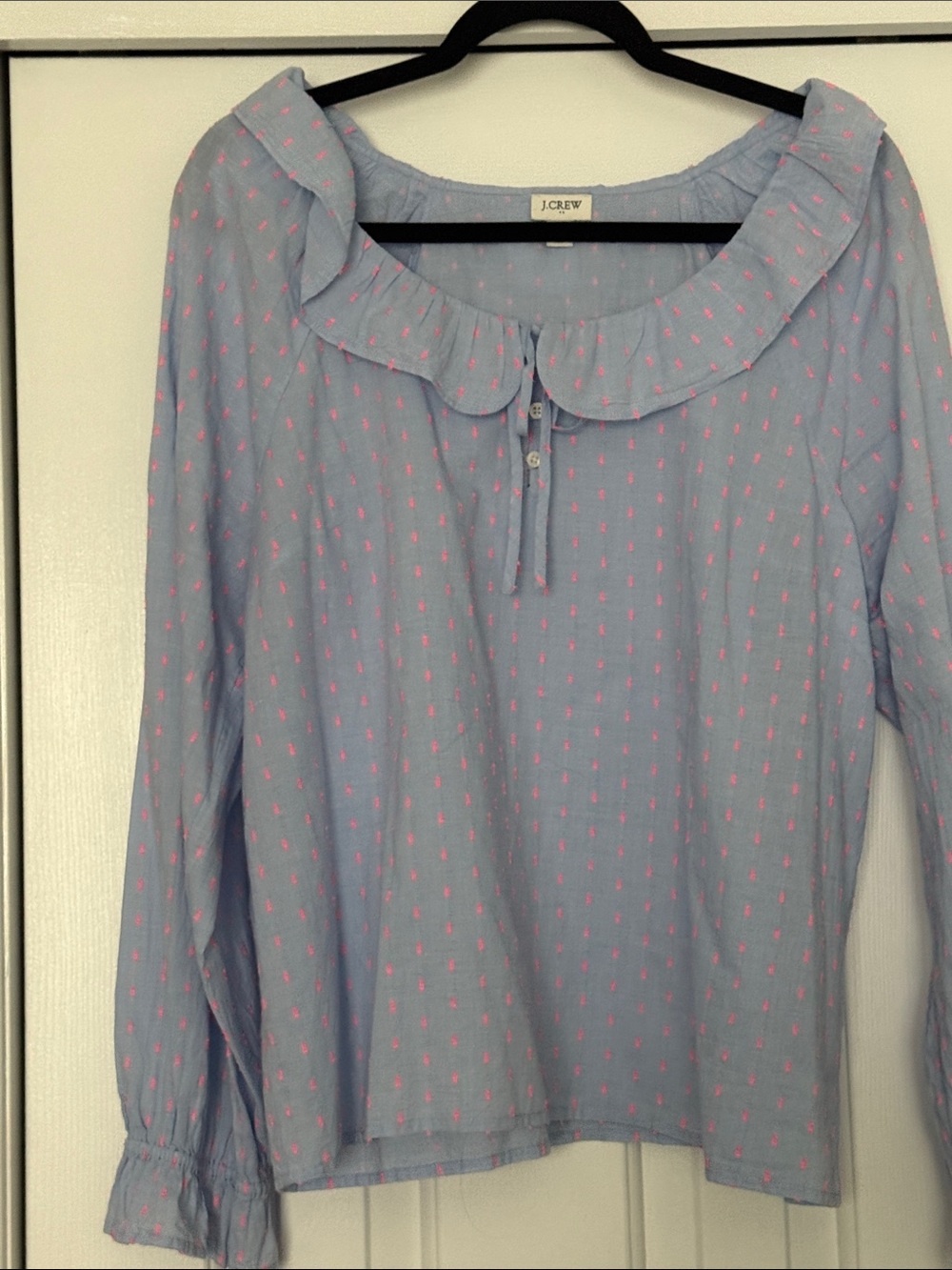 J. Crew Light Blue Long Sleeve Ruffle Collar Top with Pink Dot Pattern